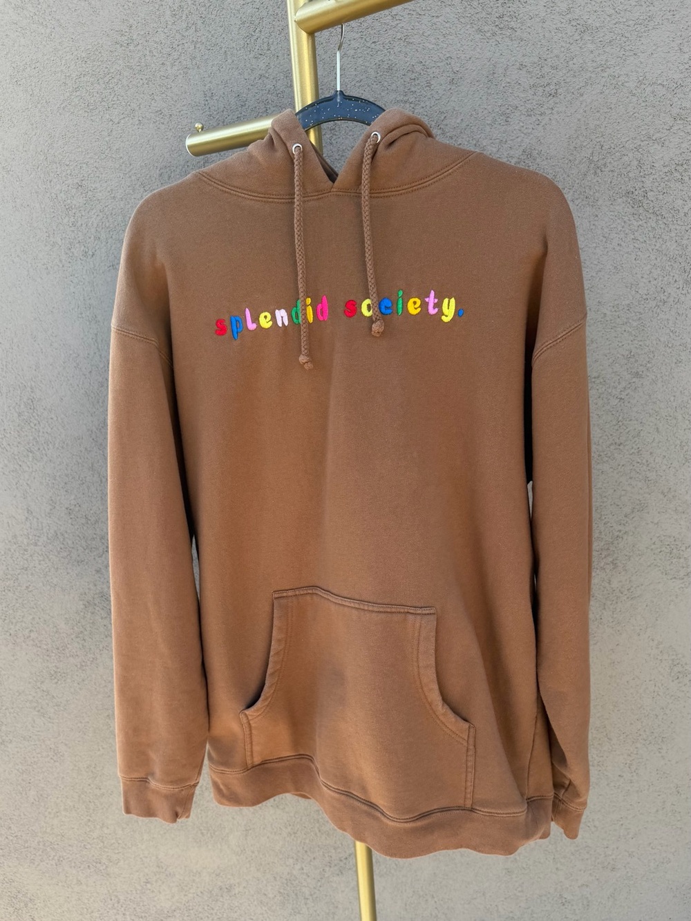 Splendid Society Brown Rainbow Embroidered Oversized Indie Hoodie Sweatshirt